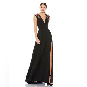 Ieena Mac Duggal Floral Accented Plunge Neckline Evening Gown Black